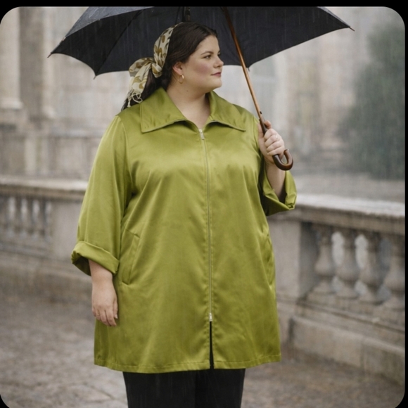 dennis basso Jackets & Blazers - Dennis Basso Designer Green Satin Water Resistant Long Chic Jacket Sz 1X
